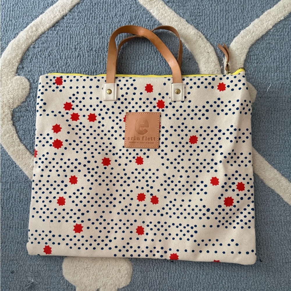 ERIN FLETT Cream Tote Bag with Red and Blue Dots